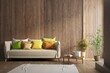Interior design of wooden apartment. Interior mockup. Scandinavian interior design. 3D illustration