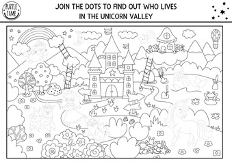  Join the dots to find out who lives in unicorn valley. Vector fairytale drawing, tracing practice worksheet with magic country landscape. Printable black and white activity or coloring page for kids.