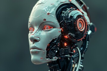 Poster - Futuristic Artificial steel robot head with cyber face. Digital futuristic fiction. Generate Ai