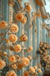 branches of golden roses on vintage light blue castle background