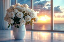 Boquet Of White Roses In Ceramic Vase On Floor In Modern Interior Design With Large Window With Sunset Background