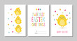 Happy Easter Set of 3 card, poster or banner templates in colorful modern style. Vector illustration of cute Easter chicks and flowers for celebration of the spring holiday.