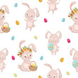 Seamless pattern of cute bunnies on white background with floral elements and eggs.