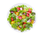 Fototapeta Kuchnia - plate of green salad with fresh vegetables isolated on transparent background, top view