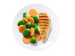 plate of grilled chicken and vegetables isolated on transparent background, top view