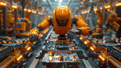 Poster - Industrial robot arms working in factory production line. Concept of artificial intelligence for industrial revolution and automation manufacturing process