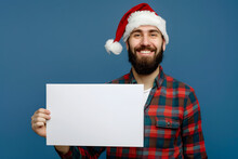 Santa Claus Holding A Blank Sign, With Blue Background