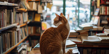 Ginger Cat Sitting On A Stack Of Books. Cozy Library Or Bookstore Interior. BannerTabby Cat Sitting On A Stack Of Books In A Bookcase. Cozy Home Library Or B For World Book Day Event With Copy Space. 
