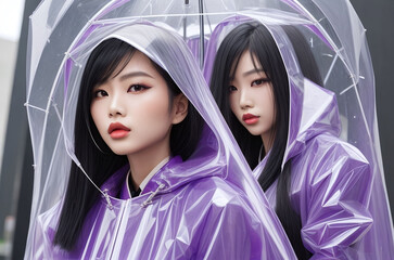 Portrait of two beautiful Asian looking girl in purple plastic raincoat posing for camera. Concept of environmental protection recycling