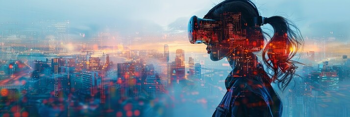 A person with a virtual reality headset stands against a cityscape backdrop, symbolizing the fusion of technology and urban life. Modern technology in life. Generative AI