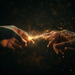 © hamza - 3d rendered photo of black background with two fingers touching one another creating spark made with generative AI