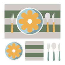 A Fabric Tablecloth With Texture And Stripes, Accompanied By A Plate, Cutlery (fork, Spoon, Knife), Suitable For Picnics To Be Placed On The Table For Meals Or Decoration Purposes