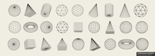 Wireframes in retro style. Elements consisting of a grid and dots. Collection of lowpoly 3D polygonal shapes.