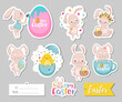 Set of Easter gift tags, scrapbooking elements, labels, badges with cute bunnies and lettering . Easter greeting stickers with bunny, flowers, eggs