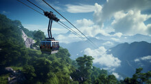 An Overhead Cable Car Ascending A Steep Mountain, Passengers Eagerly Capturing Photographs.