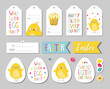 Set of Easter gift tags, scrapbooking elements, labels, badges with cute chicken and lettering . Easter greeting stickers with bunny, flowers, eggs.