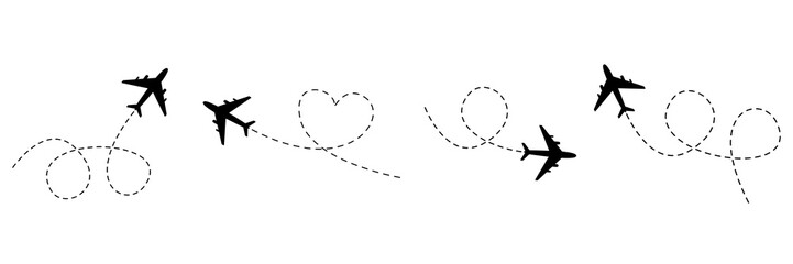 Poster - Airplanes with dotted line path set. Plane flight route with trace. Vector illustration isolated on white background.