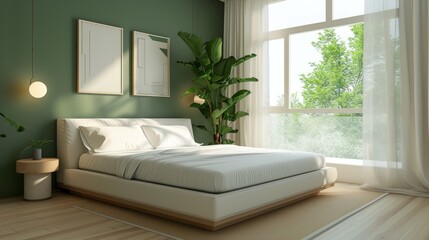 Poster - Interior design of a modern bedroom in green colors with a large window