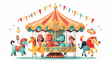 Fototapeta Konie - A cheerful scene of animals riding on a carousel 
