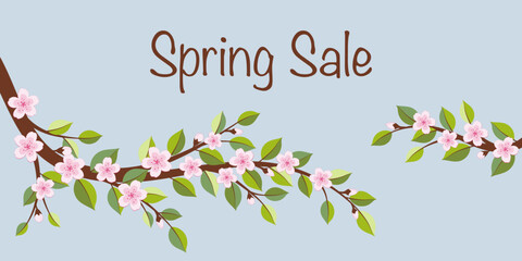 Sticker - Spring Sale - Schriftzug in englischer Sprache - Frühlingsausverkauf. Verkaufsposter mit Kirschblütenzweigen.