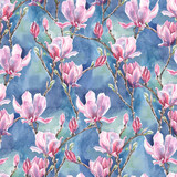 Fototapeta Tulipany - background with branches and flowers magnolia on blue sky, watercolor on paper