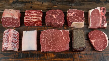 Sticker - a variety of raw meats are laid out on a cutting board, ready to be cut into smaller pieces.