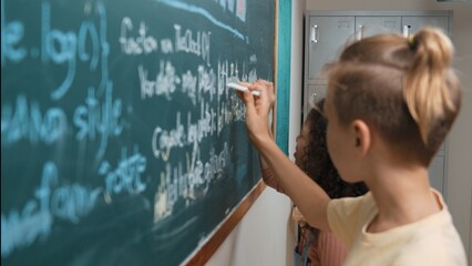 Poster - diverse student studying coding engineering prompt while writing answer on blackboard. intelligence 