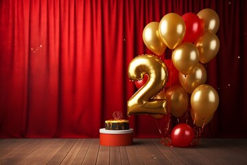 golden foil balloons in the form of numbers 2 on festive red curtains background