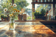 Bouquet of wildflowers in glass vase on rustic wooden table. Warm natural light cafe interior with a cozy atmosphere concept.