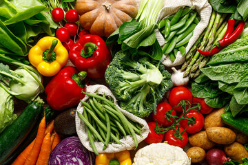 Poster - Vegetables background. Various vegetables on kitchen table. Clean eating, healthy food concept, flat lay, top down view