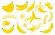 © MicroOne - Cartoon bananas. Fresh isolated banana, cuts slices, in peel and peeled fruit. Exotic vitamin food, tropical vegetarian snack neoteric vector set
