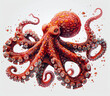 Colorful illustration of a vibrant red octopus with detailed tentacles and suction cups on a white background.