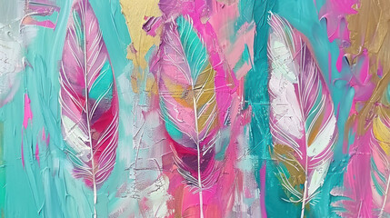 Sticker - a painting of pink, blue, and yellow feathers on a green and yellow background with a white stripe on the bottom of the painting.