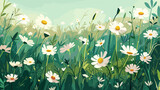 Fototapeta Tulipany - Green meadow with daisy and grass. Seasonal chamomile field, spring summer nature landscape. Cartoon park, floral vector illustration