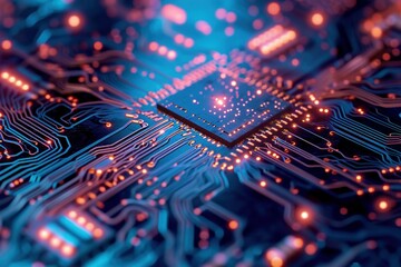 Poster - Innovative Abstract microchip neon. Data macro. Generate AI