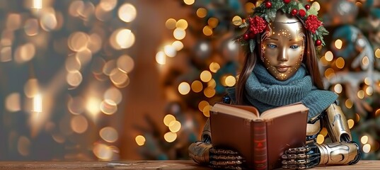 Poster - Humanoid ai robot with book surrounded by holographic math formulas on defocused background
