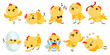 Cartoon baby chicken. Funny little birds. Easter character. Chick hatched from egg. Yellow mascot with different emotions. Sleeping or playing birdie. Domestic animal. Splendid vector set