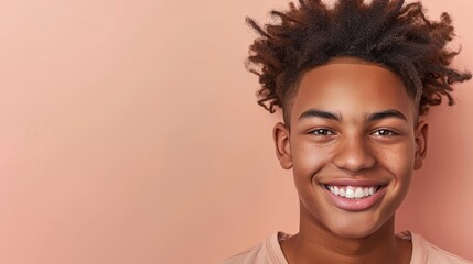 Wall Mural - Enthusiastic man with curly hair in sports t shirt promoting fitness and health on pastel background