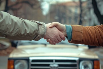 Wall Mural - man and woman are shaking hands in front of a car