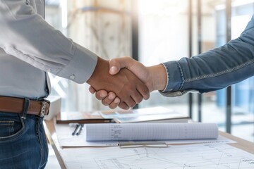 Wall Mural - two business people shaking hands together at a conference table