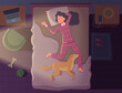 Bedtime people. Lying characters top view illustrations of couples and kids sleeping time in bed exact vector cartoon background