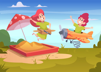 Poster - Kids playground kids playing outdoor with airplane toys flying and jumping vector cartoon background