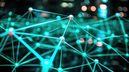 Wall Mural - a close up view of a network with many dots and lines in the center of the image, with a city in the
