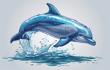 Wall Mural - Illustration of a playful dolphin leaping out of water with dynamic splashes, in shades of blue.