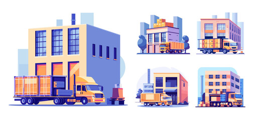 Wall Mural - Logistics warehouse cartoon vector concepts. Goods cargo storage building, heavy track car four wheeled transport delivery containers loading unloading illustrations isolated on white background