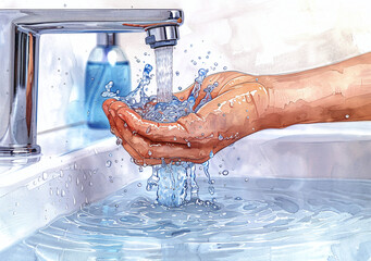 Wall Mural - Close-up of hands being washed under running tap water with soap dispenser in background, hygiene concept.