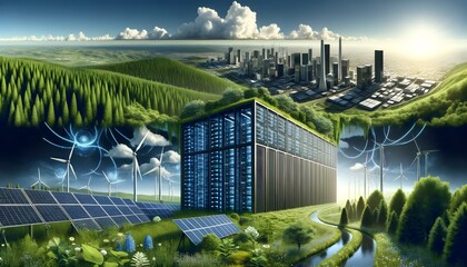 Futuristic data center powered by renewable energy.