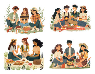 Wall Mural - Picnic friends scenes cartoon style vector collection. Boys girls cute casual clothes teenagers characters, nature vibe outdoor recreation grass plants food snacks drinks objects, stylish illustration