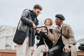 A group of young business entrepreneurs engaged in a discussion over a tablet. They are working together outdoors in an urban city environment.