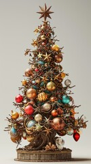 Wall Mural - A miniature Christmas tree made of twigs and branches, adorned with colorful ornaments and a star on top.